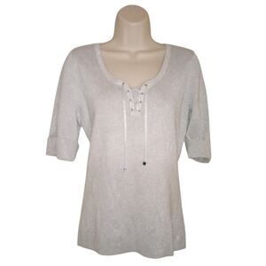 New White House Black Market Shimmering Gray Lace-Up Top Large L